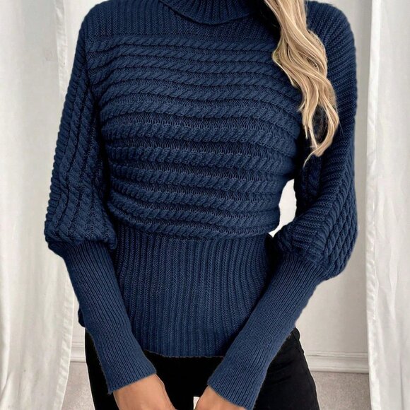 Navy Blue Casual Women's Turtleneck Sweater - Picture 3 of 6